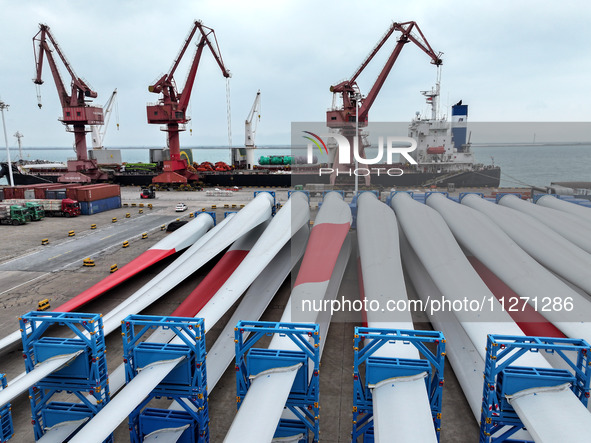 Wind power equipment is being prepared for export at the terminal in Lianyungang, Jiangsu province, in Lianyungang, China, on May 25, 2024. 