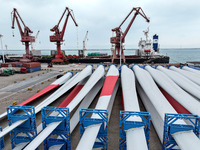 Wind power equipment is being prepared for export at the terminal in Lianyungang, Jiangsu province, in Lianyungang, China, on May 25, 2024....