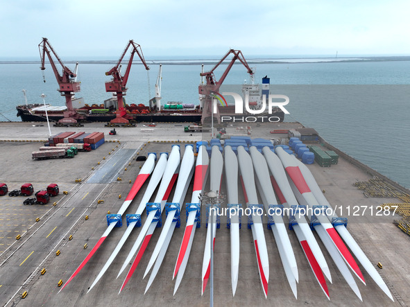 Wind power equipment is being prepared for export at the terminal in Lianyungang, Jiangsu province, in Lianyungang, China, on May 25, 2024. 