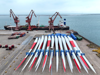 Wind power equipment is being prepared for export at the terminal in Lianyungang, Jiangsu province, in Lianyungang, China, on May 25, 2024....