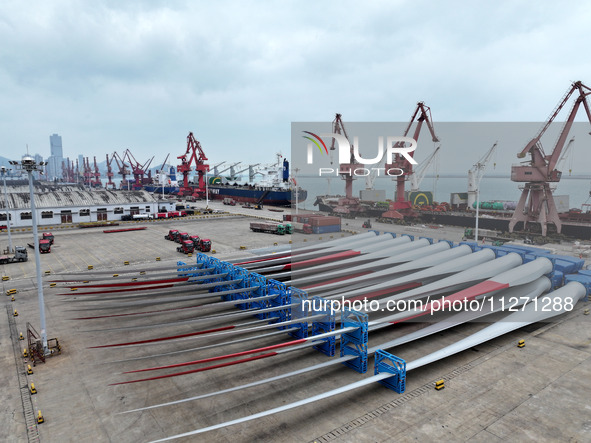 Wind power equipment is being prepared for export at the terminal in Lianyungang, Jiangsu province, in Lianyungang, China, on May 25, 2024. 