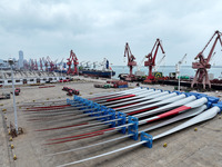 Wind power equipment is being prepared for export at the terminal in Lianyungang, Jiangsu province, in Lianyungang, China, on May 25, 2024....