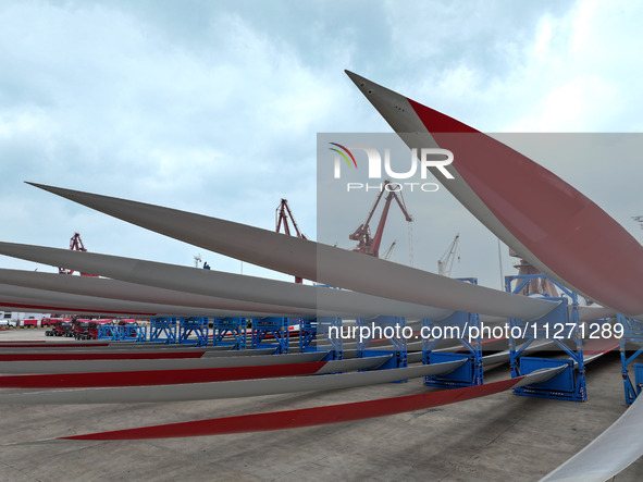 Wind power equipment is being prepared for export at the terminal in Lianyungang, Jiangsu province, in Lianyungang, China, on May 25, 2024. 