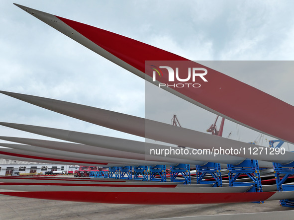 Wind power equipment is being prepared for export at the terminal in Lianyungang, Jiangsu province, in Lianyungang, China, on May 25, 2024. 