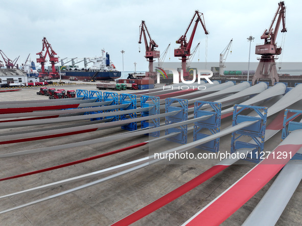 Wind power equipment is being prepared for export at the terminal in Lianyungang, Jiangsu province, in Lianyungang, China, on May 25, 2024. 