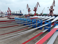 Wind power equipment is being prepared for export at the terminal in Lianyungang, Jiangsu province, in Lianyungang, China, on May 25, 2024....