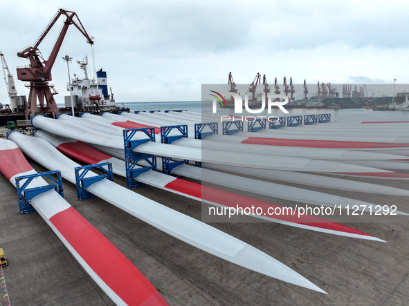 Wind power equipment is being prepared for export at the terminal in Lianyungang, Jiangsu province, in Lianyungang, China, on May 25, 2024. 