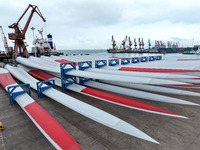 Wind power equipment is being prepared for export at the terminal in Lianyungang, Jiangsu province, in Lianyungang, China, on May 25, 2024....