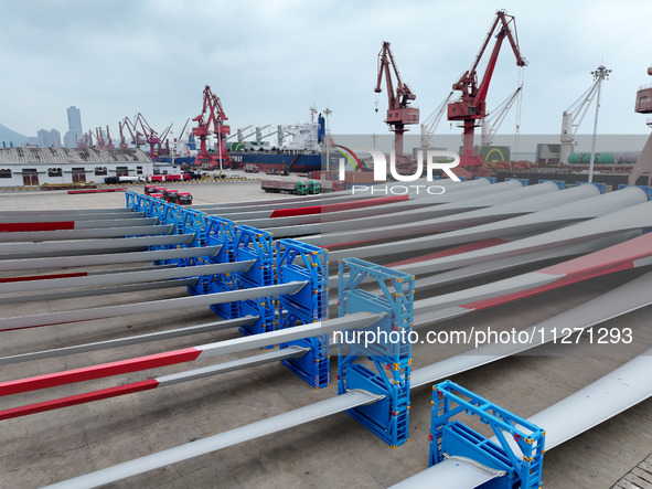 Wind power equipment is being prepared for export at the terminal in Lianyungang, Jiangsu province, in Lianyungang, China, on May 25, 2024. 