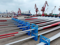 Wind power equipment is being prepared for export at the terminal in Lianyungang, Jiangsu province, in Lianyungang, China, on May 25, 2024....