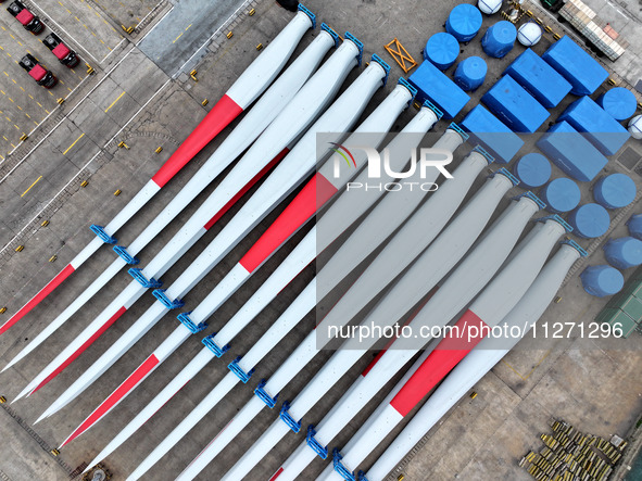 Wind power equipment is being prepared for export at the terminal in Lianyungang, Jiangsu province, in Lianyungang, China, on May 25, 2024. 