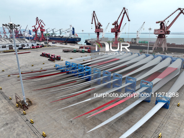 Wind power equipment is being prepared for export at the terminal in Lianyungang, Jiangsu province, in Lianyungang, China, on May 25, 2024. 