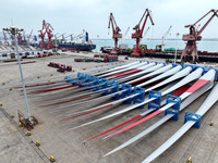 Wind power equipment is being prepared for export at the terminal in Lianyungang, Jiangsu province, in Lianyungang, China, on May 25, 2024....