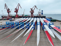 Wind power equipment is being prepared for export at the terminal in Lianyungang, Jiangsu province, in Lianyungang, China, on May 25, 2024....