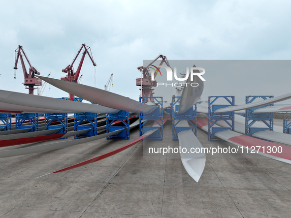 Wind power equipment is being prepared for export at the terminal in Lianyungang, Jiangsu province, in Lianyungang, China, on May 25, 2024. 