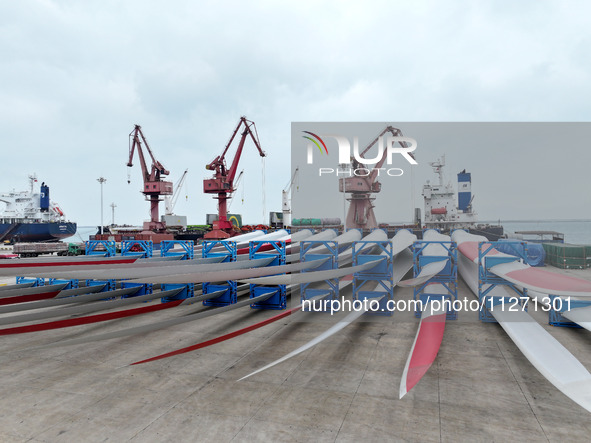 Wind power equipment is being prepared for export at the terminal in Lianyungang, Jiangsu province, in Lianyungang, China, on May 25, 2024. 