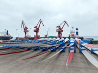 Wind power equipment is being prepared for export at the terminal in Lianyungang, Jiangsu province, in Lianyungang, China, on May 25, 2024....