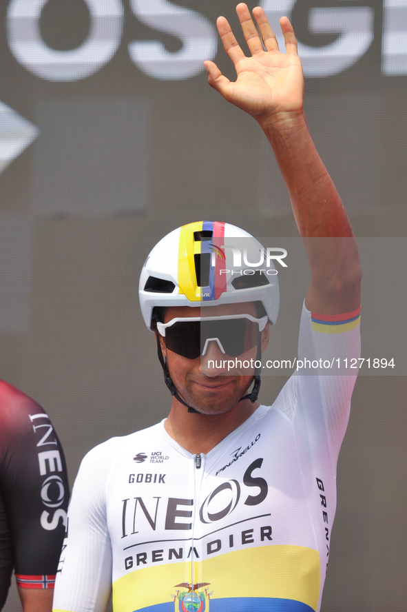 Jhonatan Narvaez of Ecuador and Team INEOS Grenadiers reacting prior to the 107th Giro d'Italia 2024, Stage 12, a 193km stage from Martinsic...