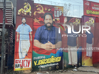 Election banners for LDF Party candidate V. Joy are being displayed for the upcoming Lok Sabha Election in Nedumangad, Thiruvananthapuram (T...