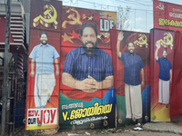 Election banners for LDF Party candidate V. Joy are being displayed for the upcoming Lok Sabha Election in Nedumangad, Thiruvananthapuram (T...