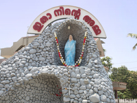 A statue of the Virgin Mary is being dressed in a saree outside Saint Peter's Church in Thiruvananthapuram (Trivandrum), Kerala, India, on A...