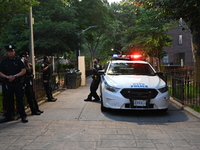 Police are present at the crime scene in Manhattan, New York, United States, on May 25, 2024. An unidentified male victim is being transport...