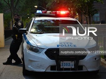 Police are present at the crime scene in Manhattan, New York, United States, on May 25, 2024. An unidentified male victim is being transport...