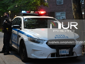 Police are present at the crime scene in Manhattan, New York, United States, on May 25, 2024. An unidentified male victim is being transport...