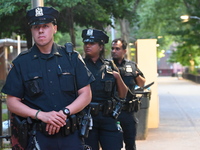 Police are present at the crime scene in Manhattan, New York, United States, on May 25, 2024. An unidentified male victim is being transport...