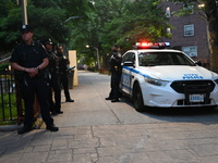 Police are present at the crime scene in Manhattan, New York, United States, on May 25, 2024. An unidentified male victim is being transport...