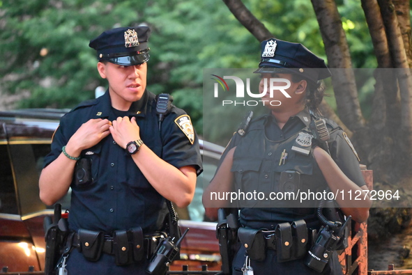 Police are present at the crime scene in Manhattan, New York, United States, on May 25, 2024. An unidentified male victim is being transport...