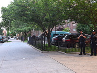 Police are present at the crime scene in Manhattan, New York, United States, on May 25, 2024. An unidentified male victim is being transport...