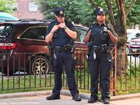 Police are present at the crime scene in Manhattan, New York, United States, on May 25, 2024. An unidentified male victim is being transport...