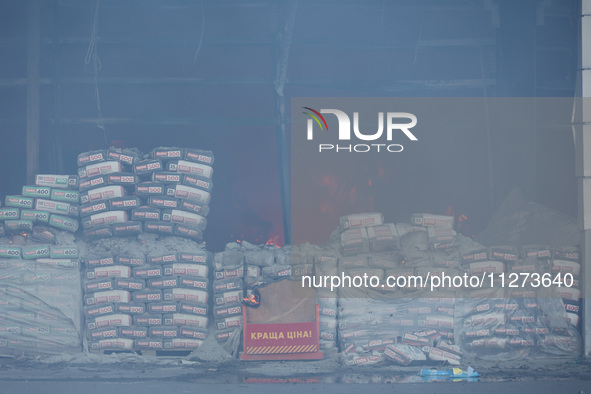 Sacks with cement are being pictured at an Epicentr K construction supermarket hit by two Russian glide bombs in Kharkiv, Ukraine, on May 25...