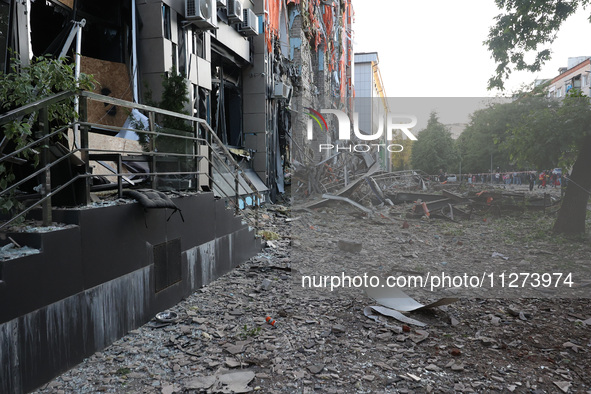 An office building is being destroyed by a Russian missile strike in central Kharkiv, Ukraine, on May 25, 2024. NO USE RUSSIA. NO USE BELARU...