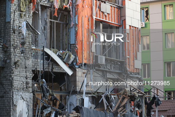 An office building is being destroyed by a Russian missile strike in central Kharkiv, Ukraine, on May 25, 2024. NO USE RUSSIA. NO USE BELARU...