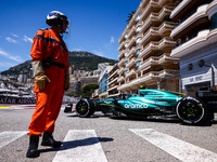 Fernando Alonso of Aston Martin drives on the track during Practice 3 ahead of the F1 Grand Prix of Monaco at Circuit de Monaco on May 25, 2...