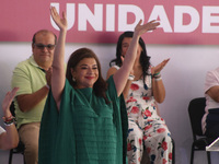 Clara Brugada, candidate for the head of Government of Mexico City for the 'Juntos Hagamos Historia' alliance, is saluting during a rally ca...