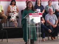 Clara Brugada, candidate for the head of Government of Mexico City for the 'Juntos Hagamos Historia' alliance, is speaking during a rally ca...