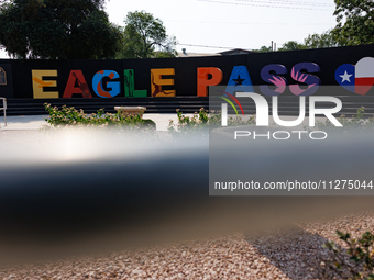 A sign welcomes people to Eagle Pass, Texas near the U.S.-Mexico border on May 25, 2024. (