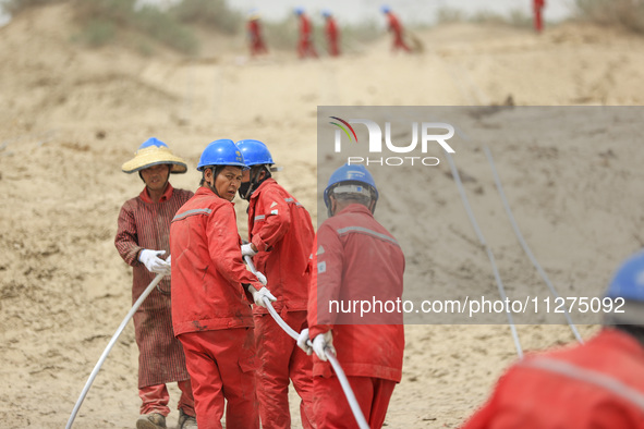 Construction workers are erecting a power grid at the Bazhou-Tieganlik-Ruoqiang 750 kV transmission line project site in Korla, China, on Ma...