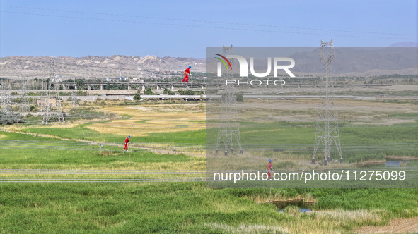 Construction workers are erecting a power grid at a height at the Bazhou-Tieganlik-Ruoqiang 750 kV transmission line project site in Korla,...