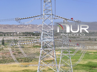 Construction workers are erecting a power grid at a height at the Bazhou-Tieganlik-Ruoqiang 750 kV transmission line project site in Korla,...