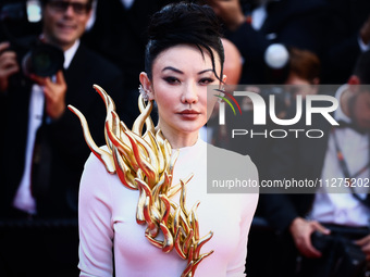 Jessica Wang attends the Red Carpet of the closing ceremony at the 77th annual Cannes Film Festival at Palais des Festivals on May 25, 2024...