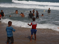 Palestinians are gathering on the beach in Deir el-Balah, central Gaza Strip, on May 26, 2024, amid the ongoing conflict between Israel and...