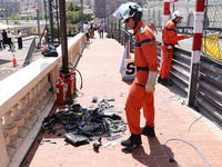 Debris after Sergio Perez of Red Bull Racing and Kevin Magnussen of Haas crash during the Formula 1 Grand Prix of Monaco at Circuit de Monac...