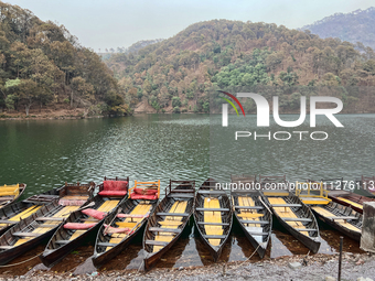 Boats are lining Sattal Lake in Sattal (Sat Tal), Uttarakhand, India, on April 20, 2024. (
