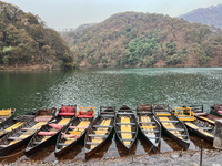 Boats are lining Sattal Lake in Sattal (Sat Tal), Uttarakhand, India, on April 20, 2024. (