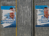 CAEN, FRANCE - MAY 25: 
Destroyed posters depicting the leader of the National Unity Party, Jordan Bardella, in the 2024 European campaign:...