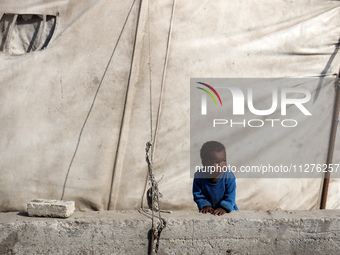 Displaced Palestinians are walking between their tents that they are setting up next to the beach, in Deir el-Balah, central Gaza Strip, on...